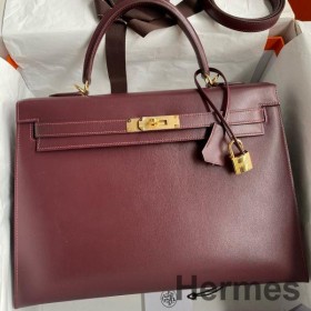 Hermes Kelly Sellier 35 Handmade Bag In Bordeaux Box Calfskin