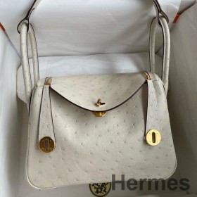 Hermes Lindy 26 Handmade Bag In Craie Ostrich Leather