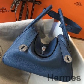Hermes Lindy 26cm Bag In Blue Agate Clemence Leather PHW