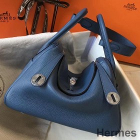 Hermes Lindy 26cm Bag In Blue Agate Clemence Leather PHW