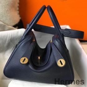 Hermes Lindy 26cm Bag In Navy Blue Clemence Leather GHW