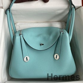 Hermes Lindy 30 Handmade Bag In Blue Atoll Clemence Leather