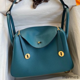 Hermes Lindy 30 Handmade Bag In Vert Bosphore Clemence Leather