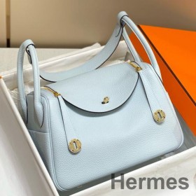 Hermes Lindy 30cm Bag In Blue Brume Clemence Leather GHW