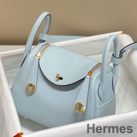 Hermes Lindy Mini Bag In Blue Brume Clemence Leather GHW