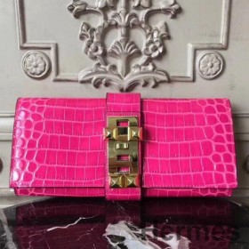 Hermes Medor Clutch Bag In Rose Red Crocodile Leather