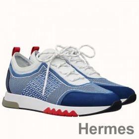 Hermes Men's Addict Sneakers In Bicolor Blue Knit