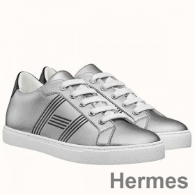 Hermes Men's Avantage Sneakers In Grey Metallic Leather
