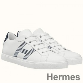 Hermes Men's Avantage Sneakers In White/Blue Calfskin