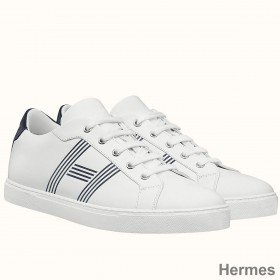 Hermes Men's Avantage Sneakers In White/Blue Calfskin
