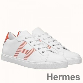 Hermes Men's Avantage Sneakers In White/Orange Calfskin
