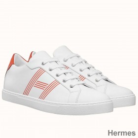 Hermes Men's Avantage Sneakers In White/Orange Calfskin