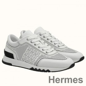 Hermes Men's C - Addict Sneakers In White Perforated Calfskin