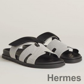Hermes Men's Chypre Sandals In Canvas with Black Leather