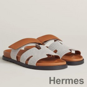 Hermes Men's Chypre Sandals In Canvas with Brown Leather