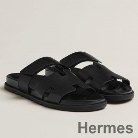 Hermes Men's Chypre Sandals in Black Calfskin