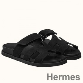 Hermes Men's Chypre Sandals in Black Suede Calfskin