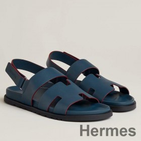 Hermes Men's Genius Sandals In Blue Calfskin