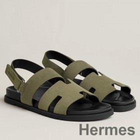 Hermes Men's Genius Sandals In Green Suede Calfskin