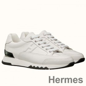 Hermes Men's Trail Sneakers In White Calfskin Leather