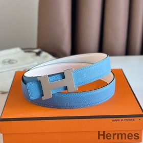 Hermes Mini Constance 24mm Belt in Blue Epsom Leather and White Swift Leather