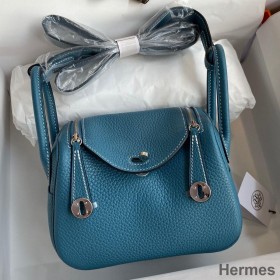 Hermes Mini Lindy Handmade Bag In Blue Jean Clemence Leather