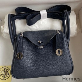 Hermes Mini Lindy Handmade Bag In Blue Nuit HHL19clbnClemence Leather