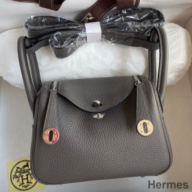 Hermes Mini Lindy Handmade Bag In Etain Clemence Leather