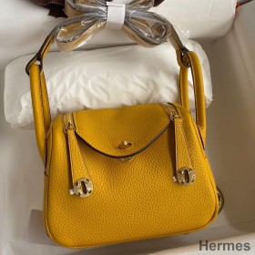 Hermes Mini Lindy Handmade Bag In Jaune Ambre Clemence Leather