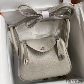 Hermes Mini Lindy Handmade Bag In Pearl Grey Clemence Leather