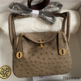 Hermes Mini Lindy Handmade Bag In Taupe Ostrich Leather