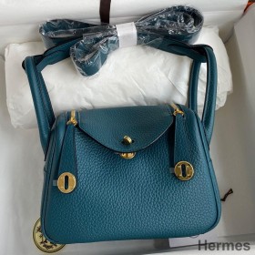 Hermes Mini Lindy Handmade Bag In Vert Bosphore Clemence Leather