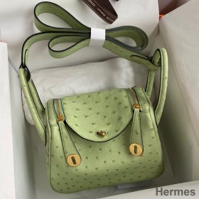Hermes Mini Lindy Handmade Bag In Vert Criquet Ostrich Leather