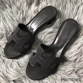 Hermes Oasis Sandals In Black Suede with Rhinestone