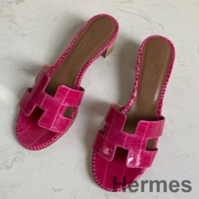Hermes Oasis Sandals In Rose Red Shiny Niloticus Crocodile