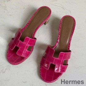 Hermes Oasis Sandals In Rose Red Shiny Niloticus Crocodile