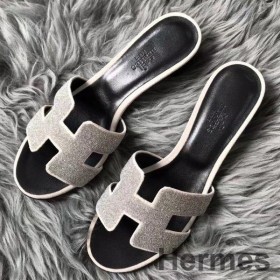 Hermes Oasis Sandals In White Suede with Rhinestone