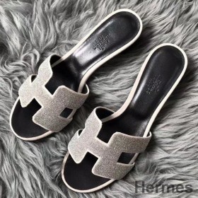 Hermes Oasis Sandals In White Suede with Rhinestone