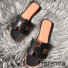Hermes Oran Perforated Sandals In Black Swift Leather