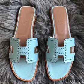 Hermes Oran Perforated Sandals In Blue Atoll Epsom Leather