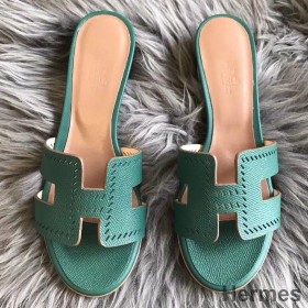 Hermes Oran Perforated Sandals In Malachite Epsom Leather