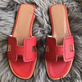 Hermes Oran Perforated Sandals In Red Epsom Leather