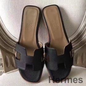 Hermes Oran Sandals In Black Epsom Leather