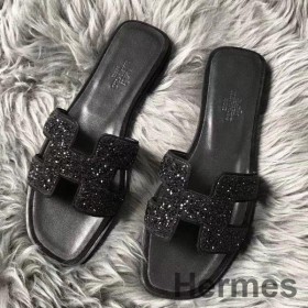 Hermes Oran Sandals In Black Suede With Black Crystal