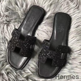 Hermes Oran Sandals In Black Suede With Black Crystal