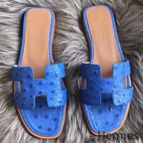 Hermes Oran Sandals In Blue Hydra Ostrich Leather