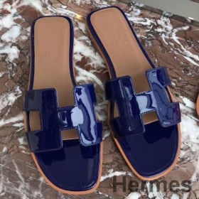 Hermes Oran Sandals In Blue Patent Leather