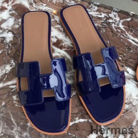 Hermes Oran Sandals In Blue Patent Leather
