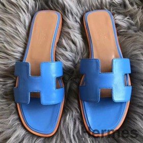 Hermes Oran Sandals In Blue Swift Leather