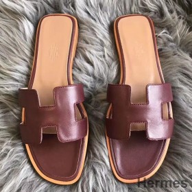 Hermes Oran Sandals In Bordeaux Swift Leather